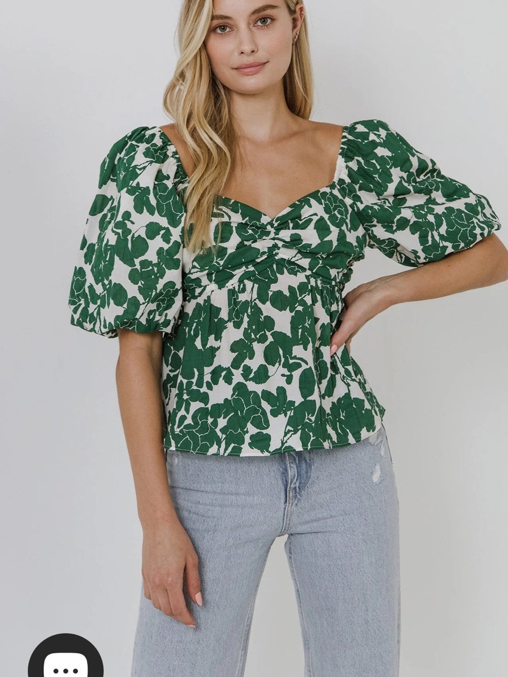 Free the Roses Green and White Puff Sleeve Floral Blouse